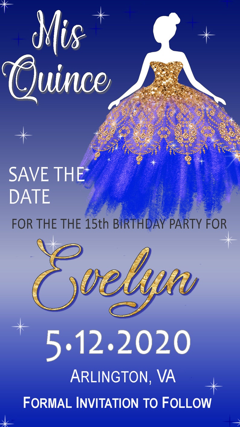 Quinceanera Save Date Invitation Blue Gold Gown Mis Quince Etsy