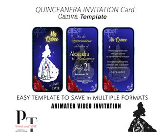 May include: A digital invitation template for a Quinceañera celebration. The template features a blue background with a silhouette of a woman in a ball gown, a rose, and the text "Mis Quince". The text "Save the Date" is also included. The template is designed to be used on a mobile phone.
