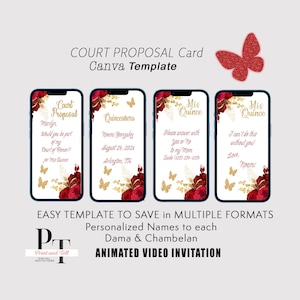 Mis Quince Vídeo Court of Honor Proposal Card - Will you be my Dama my Chambelan - Red Flowers Theme  Video Invitation