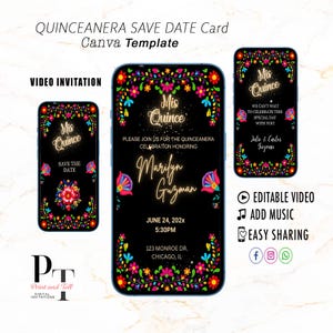May include: A digital save the date card for a Quinceañera celebration. The card features a black background with colorful floral borders and the text "Mis Quince" in gold glitter. The card also includes the name "Marilyn Guzman", the date "June 24, 202x", the time "5:30PM", and the address "123 Monroe Dr., Chicago, IL".