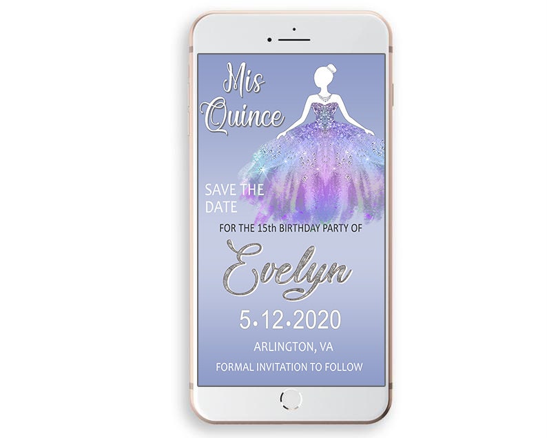 Mis Quince Birthday Electronic Text Invitation Text Message Quinceanera Save Date Invitation Periwinkle Lilac Gown
