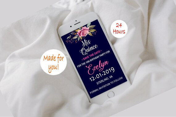 Quinceanera Save Date Digital Invitation Roses And Blue Etsy