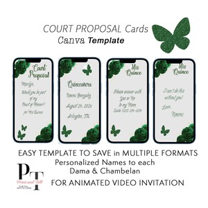 Mis Quince Vídeo Court Proposal Card - Will you be my Dama my Chamberlain - Green Forrest Flower Theme  Animate Invitation