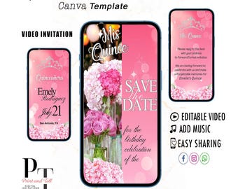 Quinceanera Video Save the Date, Video Personalized Invite Message, Mis Quince Floral Pink Theme  Card