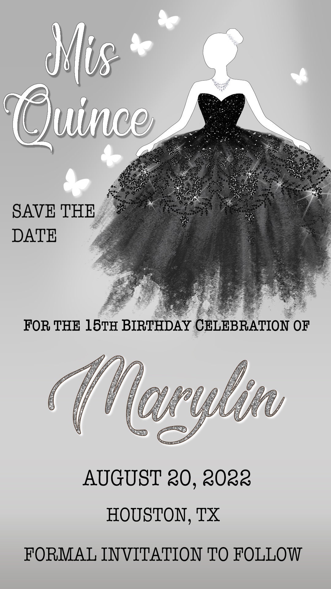 Quinceanera Save Date Black Gown Text Mis Quince Birthday Invitation