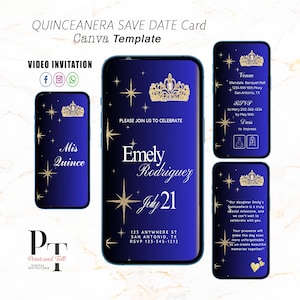 Quinceanera Video Invitation, Mis Quince Text Invitation Royal Blue Gold Crown 15th Birthday  XV Anos