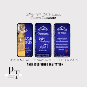 Quinceanera Video Save the Date, Video Personalized Invite Message, Mis Quince Royal Blue Gold Theme  Card