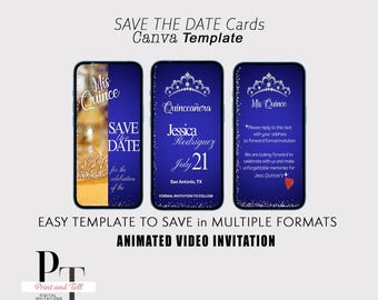 May include: Three digital phone screen mockups showing save the date cards for a Quinceañera. The cards are blue with silver glitter and feature a crown and the text "Mis Quince" and "Quinceañera". The text on the cards reads "Save the Date for the celebration of Jessica Rodrigues July 21 San Antonio, TX".