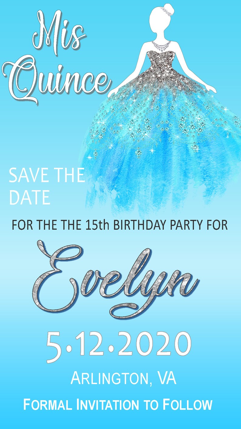 Quinceanera Save Date Invitation Blue Silver Gown Mis Quince Etsy