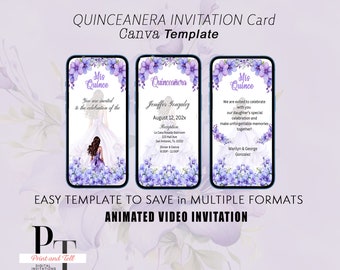 Video Mis Quince Invitation Editable Template Animated Elegant Lilac Periwrinkle Theme