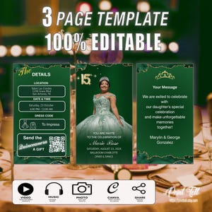 Video Mis Quince Green Editable  Theme Quinceanera Photo Digital Invitation Template
