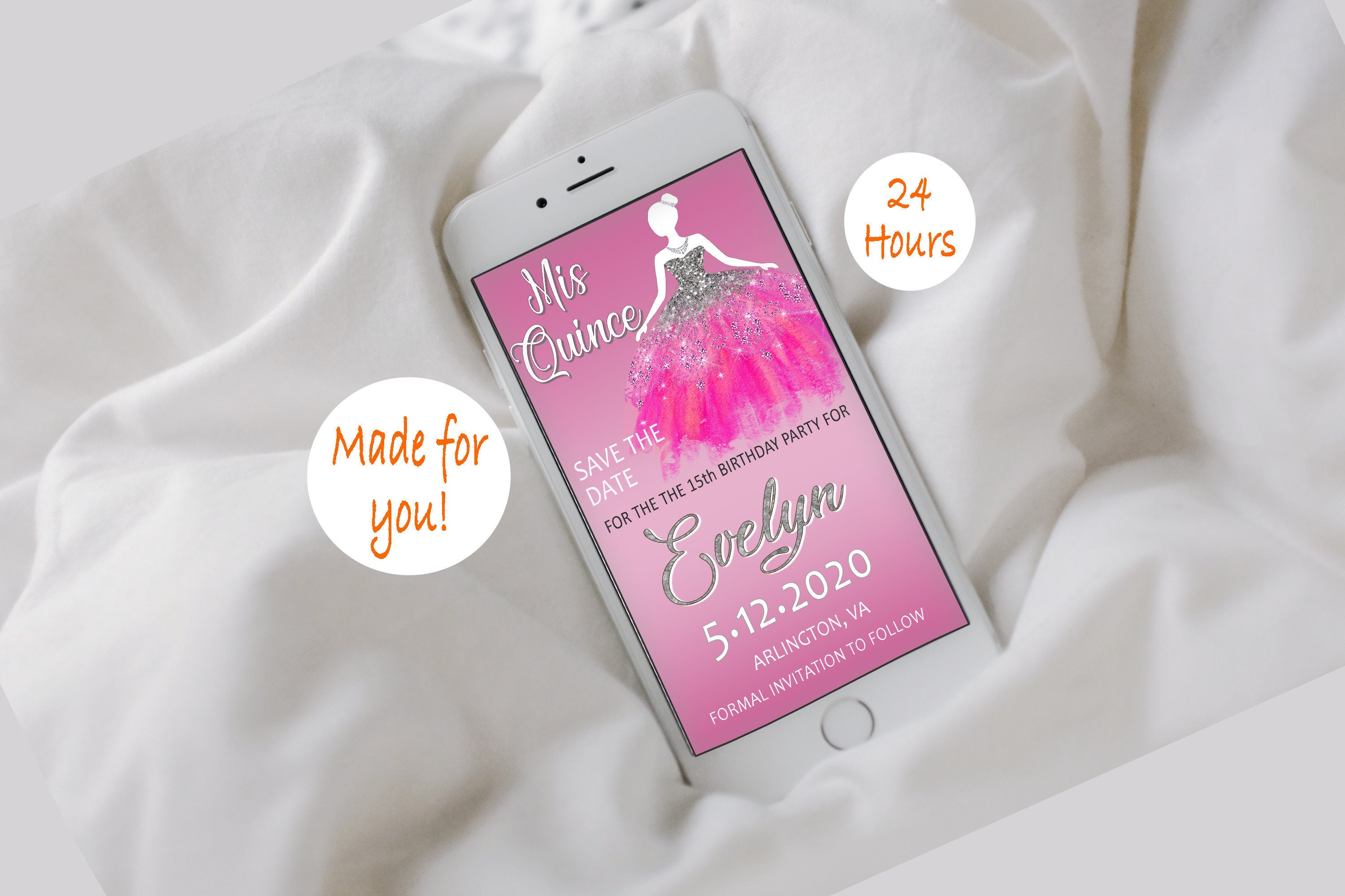 Quinceanera Save Date Invitation Fuschia Pink Silver Gown Etsy