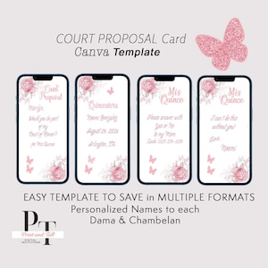 Mis Quince Video Court Proposal Card - Will you be my Dama my Chambelan - Pink Flower Theme  Animate Invitation
