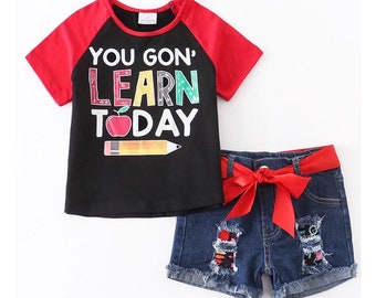 Ensemble short en jean You Gon Learn Today | Tenue de rentrée pour filles | Ensemble deux pièces crayon|Shorts|Ensembles de shorts de détresse