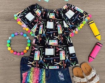 Retour à l'école Ensemble de shorts de fournitures scolaires arc-en-ciel | Short en denim arc-en-ciel à sequins | Tenue | Ensembles de shorts pour la rentrée scolaire | Tenue fille deux pièces