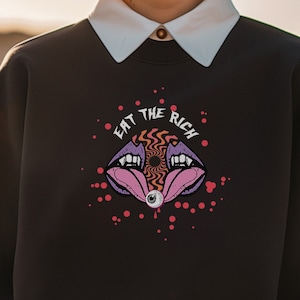 Sudadera Eat the Rich, ropa punk anticapitalista, regalo de terror gótico con forma de globo ocular, camiseta de arte de protesta anarquista