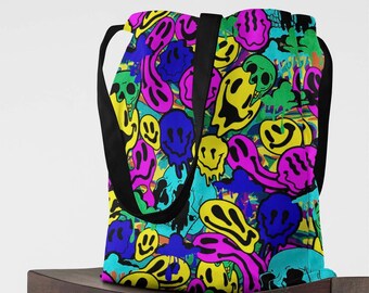 90s Aesthetic Melted Neon Smiley Print Canvas Tote Bag Y2K - Etsy