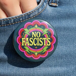 No Fascists Pinback, Charcoal and Pink Protest Button, Maximalist Activist Gift