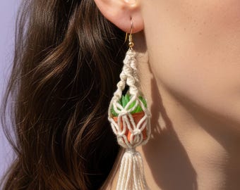 Macrame Crochet Plant Lady Succulents Dangle Earrings, Whimsigoth Botanical Jewelry, Miniature Hanging Planter Earring, Funky Gardener Gift