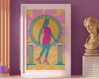 Greek Statue on Roller Skates Art Print: Colorful Maximalist Decor