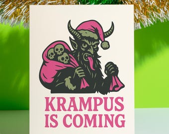 Krampus Christmas Card with Shimmer or Matte Finish, Funny Gothic Holiday Card for Alternative Xmas
