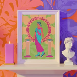 Grecian goddess in a teal toga roller skating between columns, vibrant maximalist art print in pink, orange, and green hues.