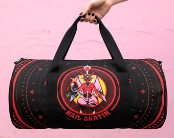 Roller Skate Duffle Bag Baphomet Print, Red and Black Gothic Weekender for Witchy Derby Gear Storage