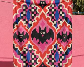 Pastel Goth Checkerboard Bat Blanket, Pink Maximalist Room Decor, Quirky Dopamine Decor Bedding, Weirdcore Gift
