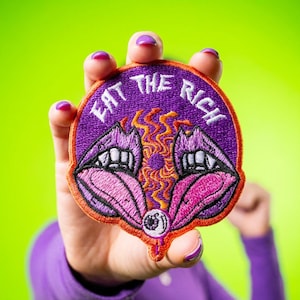 Eat the Rich Iron On Patch, Goth Vampire Lips Political Protest Patch, Anti Capitalist Jacket or Backpack Patch