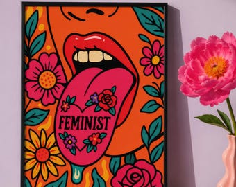 Maximalist Feminist Wall Art, Dopamine Decor Poster, Hot Pink Floral Tongue Print, Bold Apartment Decor, Quirky Empowerment Gift