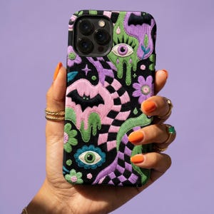 Pastel Goth Faux Crochet Phone Case, Checkerboard Creepy Cute Bat Cover, Spooky Maximalist Decor, Checkered Eye Art iPhone 17 Samsung