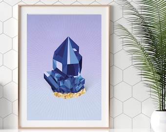 Blue Sapphire Crystal Original Giclee Art Print, Boho Wall Art, Gifts for Virgo, Healing Crystal Home Decor