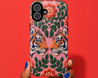 Junglecore Tiger Phone Case, Boho Symmetrical Wild Cat Tough Cover, Cute Safari Gift Ideas