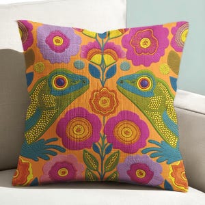 Almohada maximalista de lagarto, cojín floral ecléctico de los años 70 con diseño de geco, lavable a máquina.