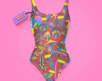 Mushroom Print One-Piece Swimsuit, Retro Psychedelic Festival Swimwear