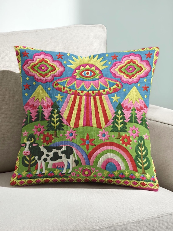 Magenta Alien UFO Cow Abduction Pillow Cover, Sci Fi Dopamine Decor Throw Cushion Case, 18x18 Maximalist Whimsigoth Home Decor