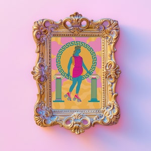 Art print of a Greek goddess on roller skates, with neon colors and Greek key patterns. Perfect for maximalist and eclectic home decor.