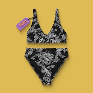 Gothic Floral Snake Print High Waist Bikini: Sustainable Goth Swimwear