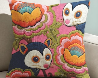 Maximalist opossumkussen, roze retro plaidkussen uit de jaren 70, linnenachtig dopaminedecor