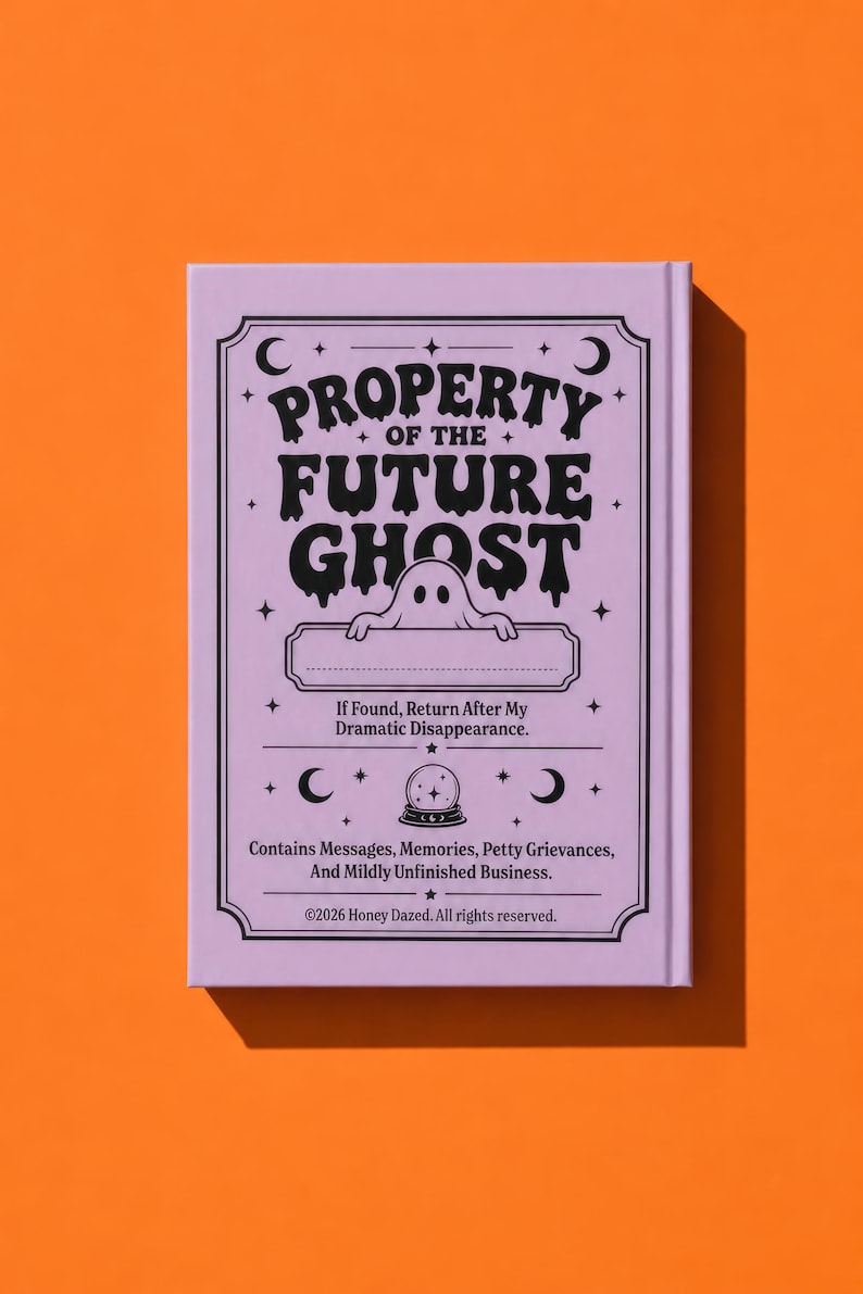 A 5 by 7 inch hardcover journal with a matte pastel purple cover and black printed graphics. The front features a retro inspired illustration of a white ghost character. One design shows the ghost holding a locked book flanked by a lit candle and a skeleton key with text reading Notes For My Future Ghost. The other shows the ghost peeking over a blank label with text reading Property Of The Future Ghost. Both include crescent moons, four point stars, and vintage decorative border frames.
