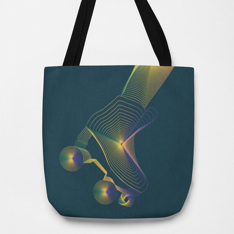 K&ouml;nnte beinhalten: Eine tealfarbene Einkaufstasche mit einem gelben, gr&uuml;nen und violetten Linienkunst-Design eines Rollschuhs.