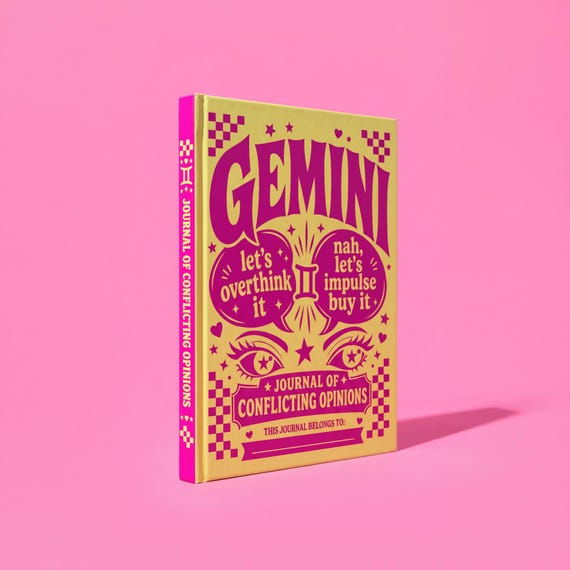 Funny Gemini Journal, Y2K Astrology Notebook, Yellow and Pink Maximalist Diary, Cute Zodiac Sign Desk Decor, Blank Sketchbook Gift