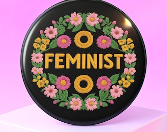 Geborduurde feministische pin: reversspeld bloemen politiek protest
