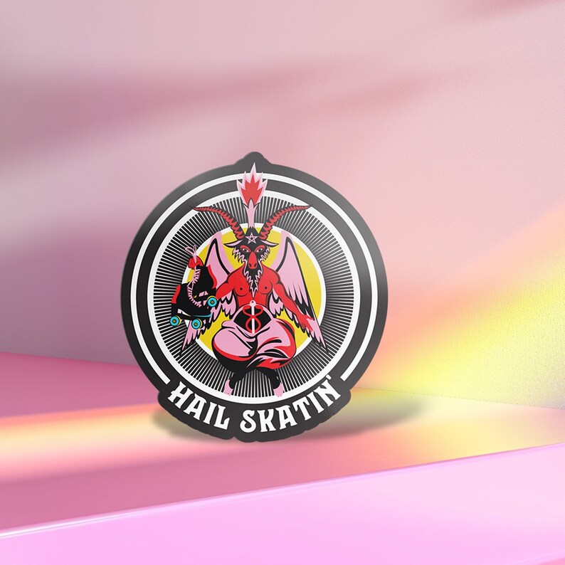 Vibrant 'Hail Skatin'' sticker featuring a colorful goat demon with roller skates, embodying a quirky mix of satanic and skate culture. Perfect for adding some edgy flair to your belongings.