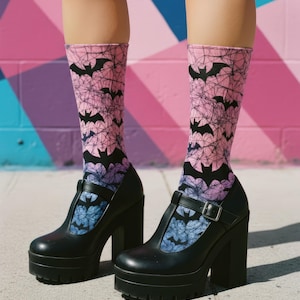 Pastel Goth Bat Socks, Creepy Cute Spiderweb Hosiery, Pink Purple Blue Gradient Crew Socks for Alt Fashion