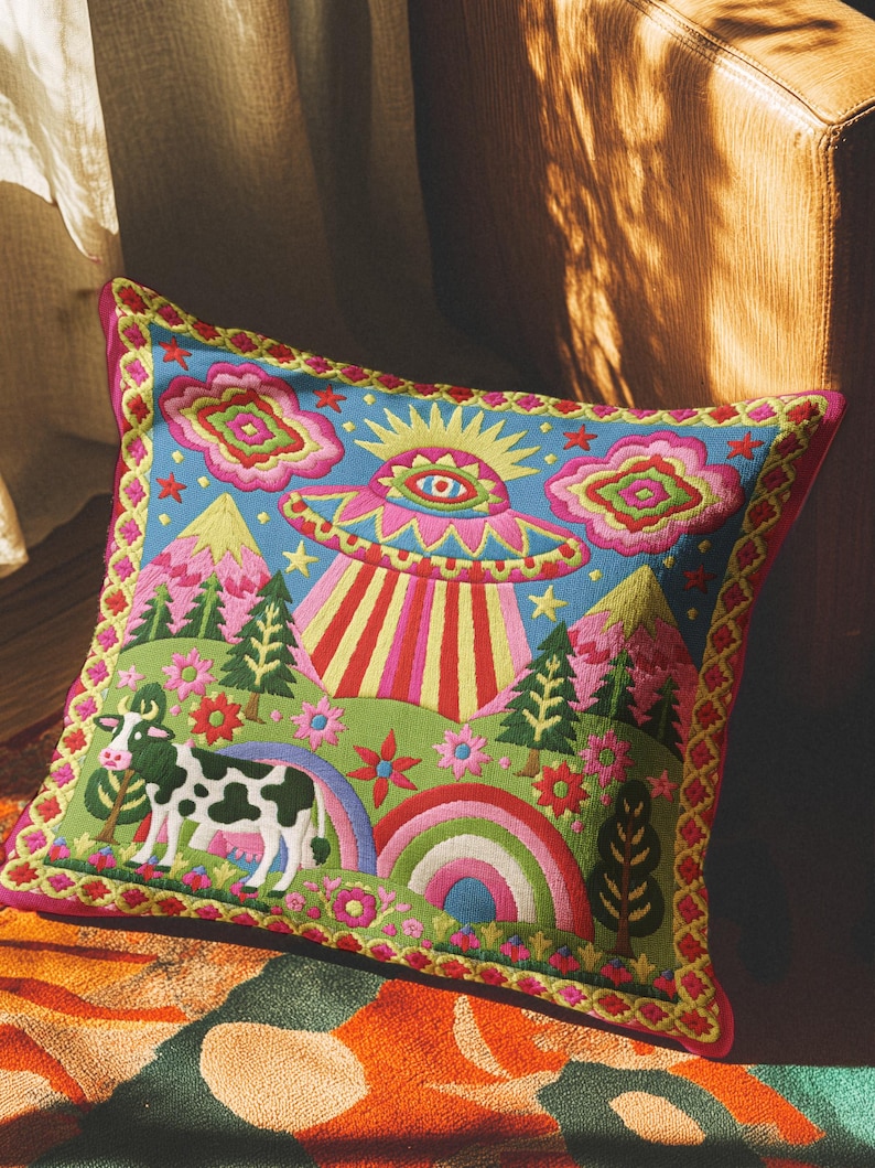 Description of a square throw pillow with a vibrant maximalist alien design. A central UFO with a large all-seeing eye hovers above a landscape with two rainbows, pink mountains, and green pine trees. A black and white spotted cow stands in the foreground. The design is a high-contrast palette of sky blue, magenta, hot pink, and meadow green. The pillow has a faux-embroidery 2D print finish on linen-feel fabric, framed by a yellow and pink scalloped floral border.