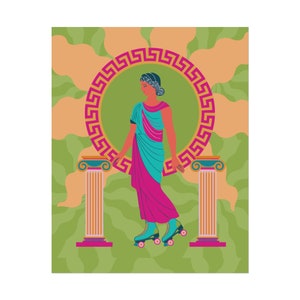 Grecian goddess in a teal toga roller skating between columns, vibrant maximalist art print in pink, orange, and green hues.