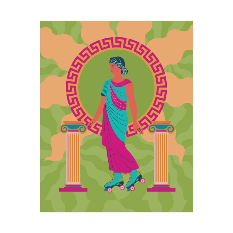 Grecian goddess in a teal toga roller skating between columns, vibrant maximalist art print in pink, orange, and green hues.