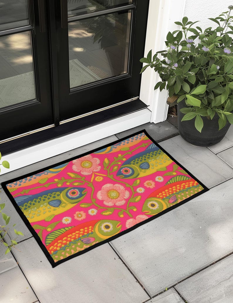 Rectangular indoor outdoor doormat featuring a vibrant hot pink background with a symmetrical maximalist pattern. The design showcases stylized sardines in yellow, lime green, and cobalt blue swimming horizontally towards a central vertical axis of blooming pale pink flowers and green vines. The imagery mimics the texture of vintage needlepoint embroidery but is a flat print on polyester. The mat is framed by a sleek black trim and features a non-slip rubber backing for safety.