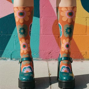 Retro Floral Crew Socks, 70s Psychedelic Mod Flower Hosiery, Quirky Dopamine Fashion Accessories